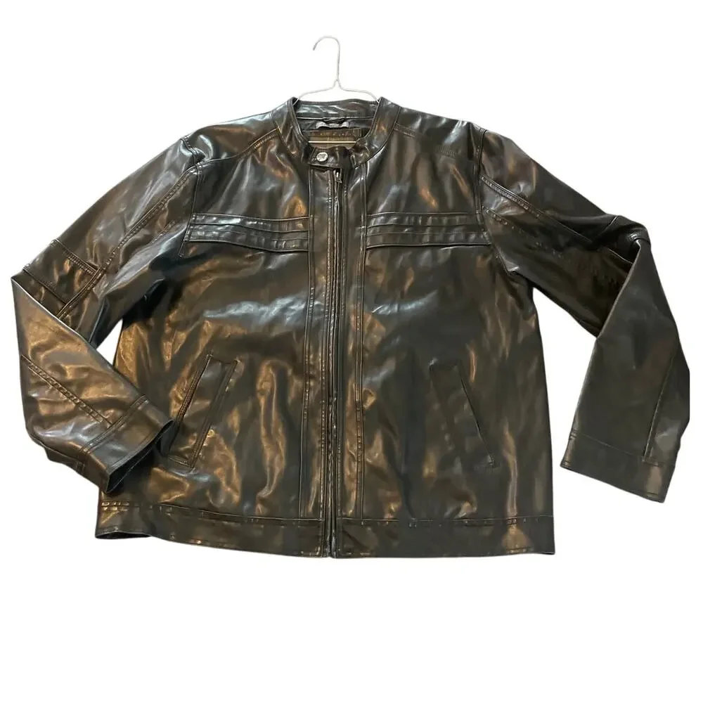 BKE Mens Vtg Quality Faux Leather DK Brown LS Moto Jacket Band Collar Zip XL